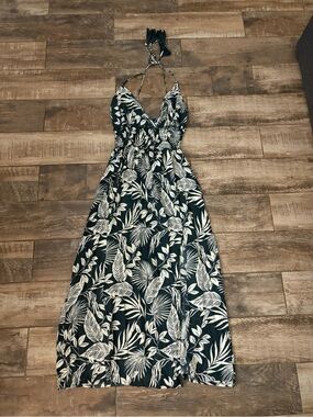Tropical Leaf Halter Maxi Dress